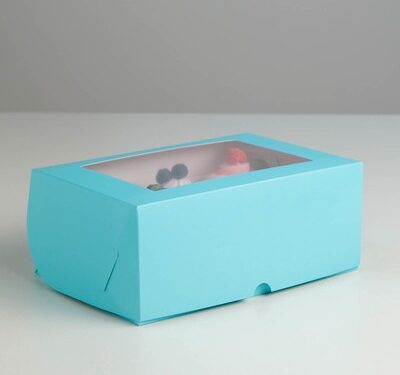 Коробка голубая с окном под 6 капкейков, 25х17х10 см