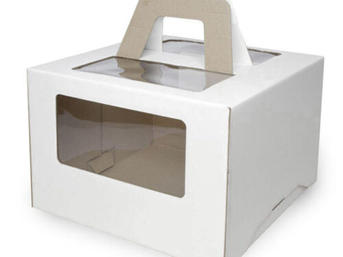 Коробка для торта белая, с окном, с ручками 26х26х20 см